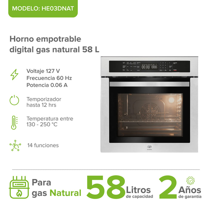 Horno empotrable digital Avera a gas natural de 58 L con 14 funciones, control táctil y 2 años de garantía.