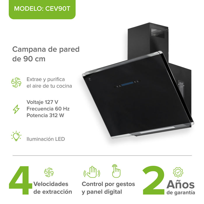 Campana de cocina de pared 90 cm de vidrio templado con tecnología sin contacto - negro