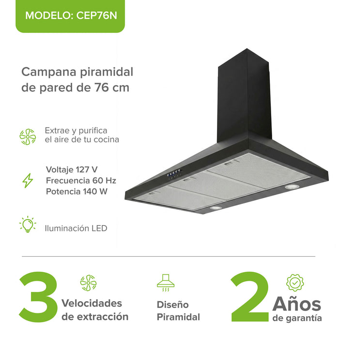 Campana de cocina de pared piramidal 76 cm en acero inoxidable, potencia motor 140 W - negro