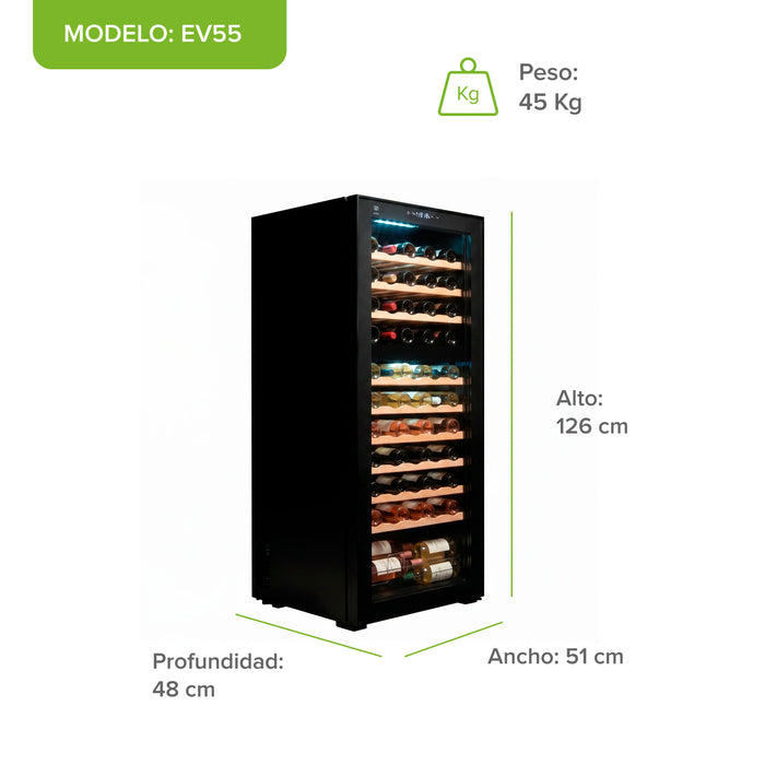 Cava de vinos 55 botellas con doble zona temperatura enfriamiento por compresor y estantes de madera 150 L