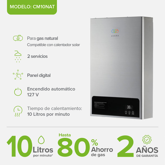 Calentador de agua instantáneo modulante para gas natural 10 Litros/Minuto, 2 Servicios
