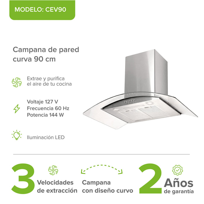 Campana de cocina de pared curva 90 cm en acero inoxidable y vidrio templado