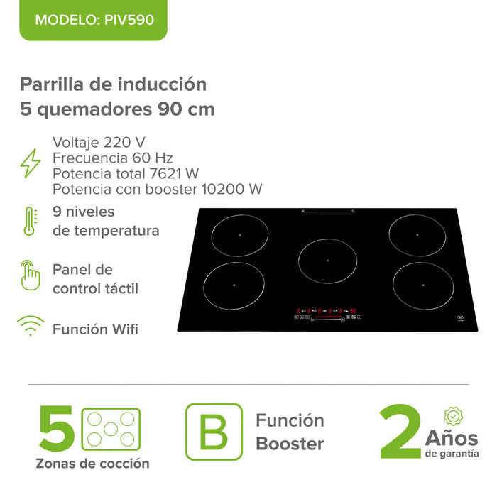 Parrilla de inducción Avera de 90 cm con 5 quemadores, WiFi y función booster sobre fondo con especificaciones técnicas.