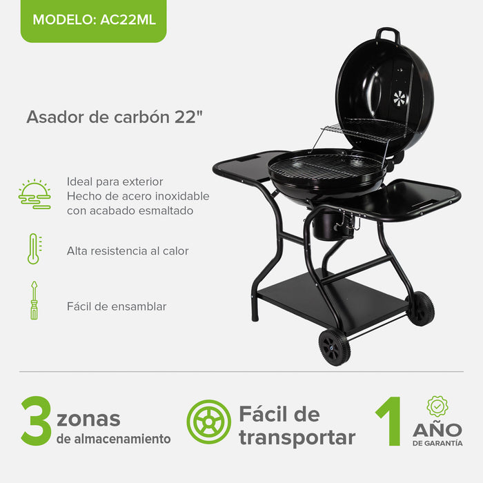 Asador de carbón de 22" con termómetro, bandeja de cenizas y mesas laterales de acero inoxidable