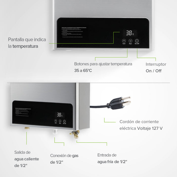 Calentador de agua instantáneo modulante para gas natural 10 Litros/Minuto, 2 Servicios