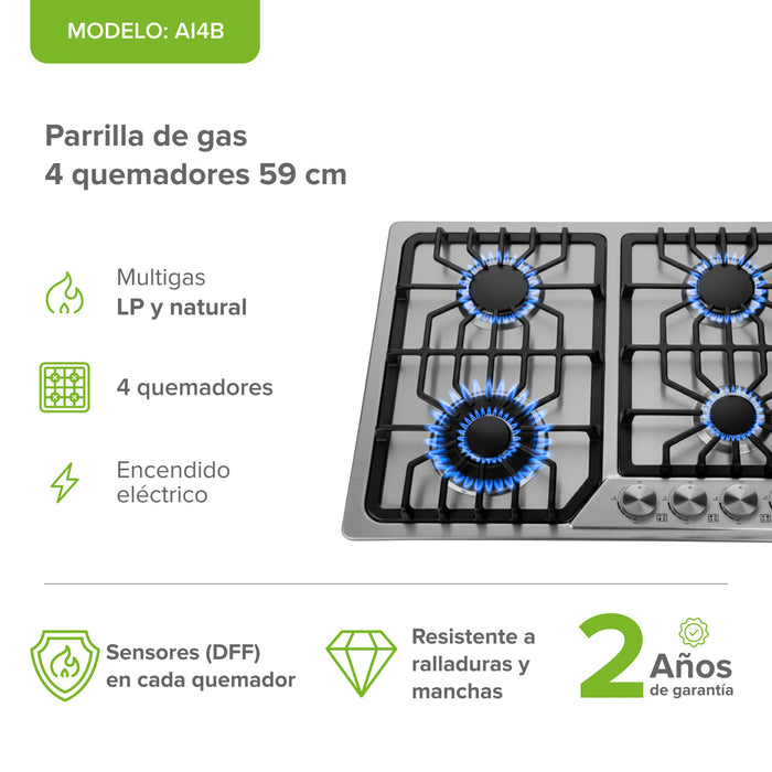 Parrilla de gas 4 quemadores 59 cm en acero inoxidable