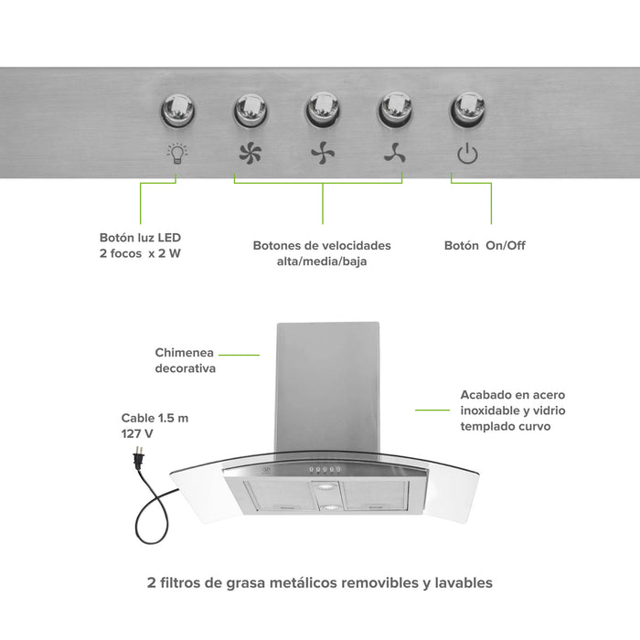 Campana de cocina para isla curva 76 cm, 780 m3/h de extracción acero inoxidable y vidrio templado, acero inoxidable