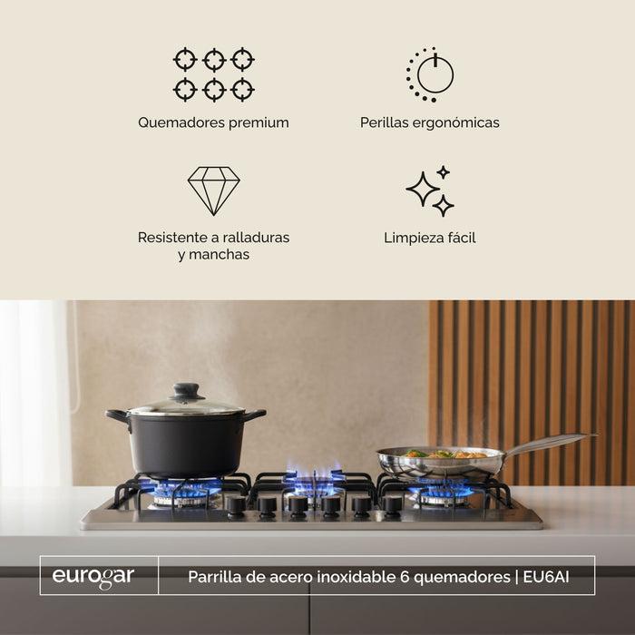 Parrilla de gas 6 quemadores 86 cm en acero inoxidable