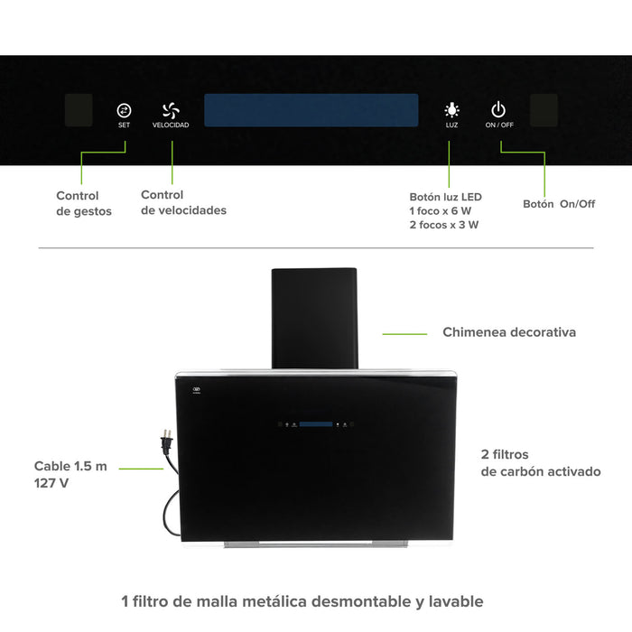 Campana de cocina de pared 90 cm de vidrio templado con tecnología sin contacto - negro