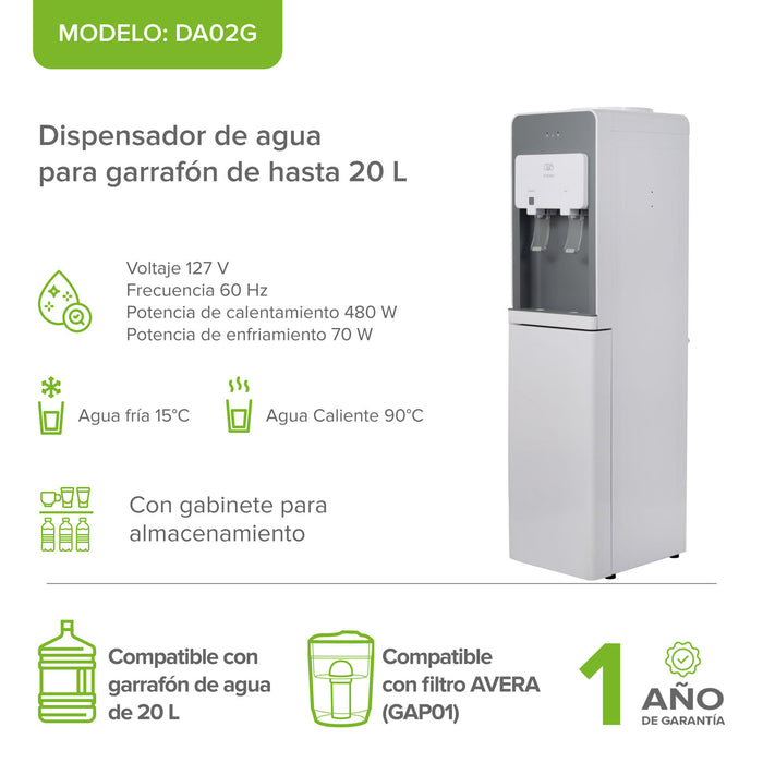 Dispensador de agua fría y caliente para garrafón de hasta 20 L con gabinete de almacenamiento