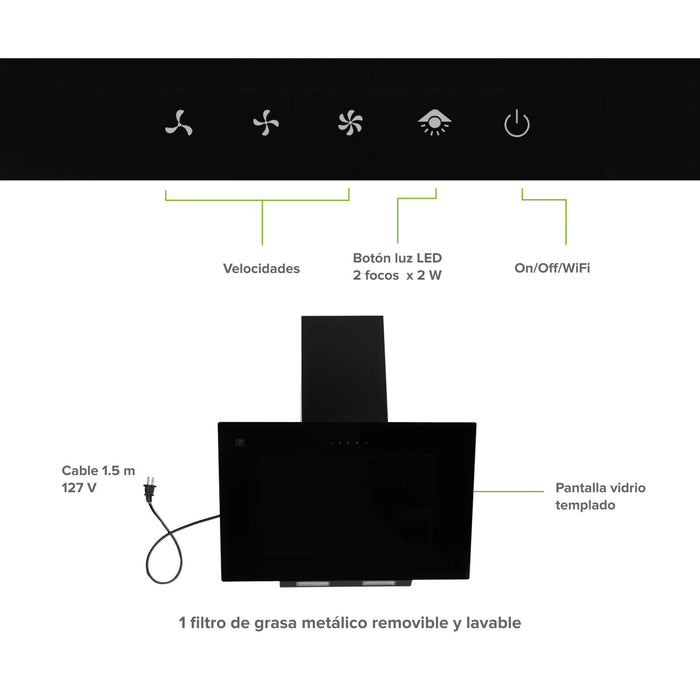 Infografía de campana de cocina de vidrio templado negro con panel digital táctil y botones para luz LED y WiFi.
