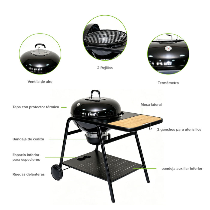 Asador de carbón de 22" 58 cm con termómetro, bandeja de cenizas y mesa lateral
