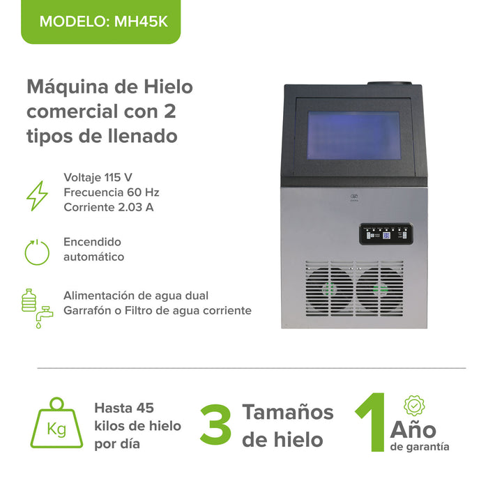 Máquina de hielo comercial con 2 tipos de llenado - hasta 45 kg al día y 11 kg de depósito