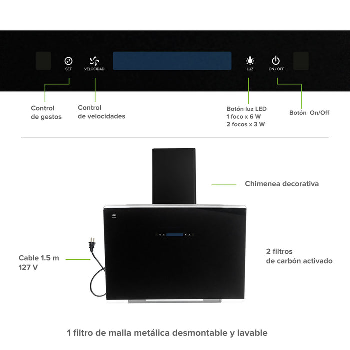 Campana de cocina de pared 80 cm de vidrio templado con tecnología sin contacto - negro