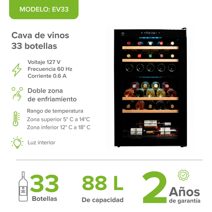 Cava de vinos Avera EV33, 33 botellas, doble zona enfriamiento, estantes madera. Fondo blanco, vista frontal.