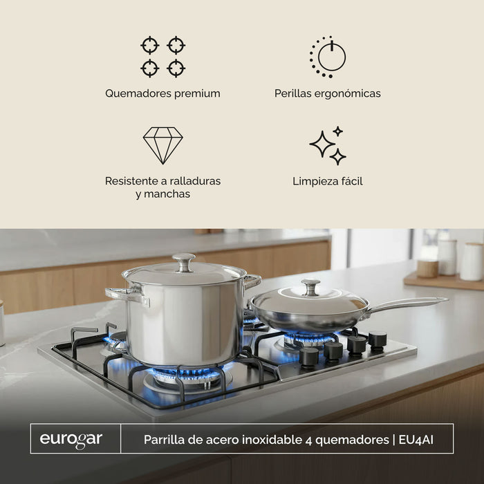 Parrilla de gas 4 quemadores 59 cm en acero inoxidable