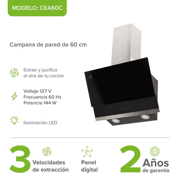 Campana de cocina de pared de 60 cm de vidrio templado con panel digital - negro