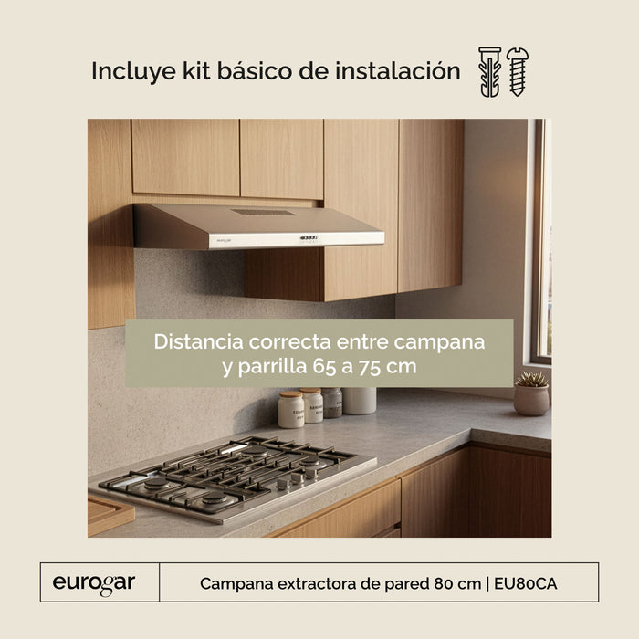 Campana de cocina de pared 80 cm, 180 m³/h de extracción, acero inoxidable