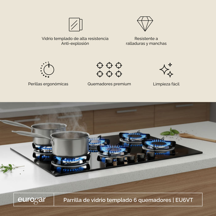 Parrilla de gas 6 quemadores 90 cm en vidrio templado - eurogar