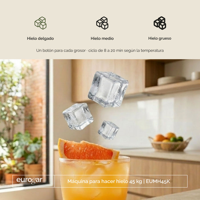 Máquina de hielo comercial con 2 tipos de llenado - hasta 45 kg al día y 8.6 kg de depósito - eurogar
