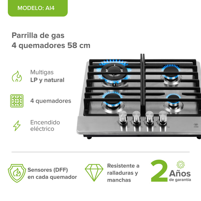 Combo Parrilla de gas 4 quemadores acero inoxidable 58 cm +  Horno gas LP 58 L táctil