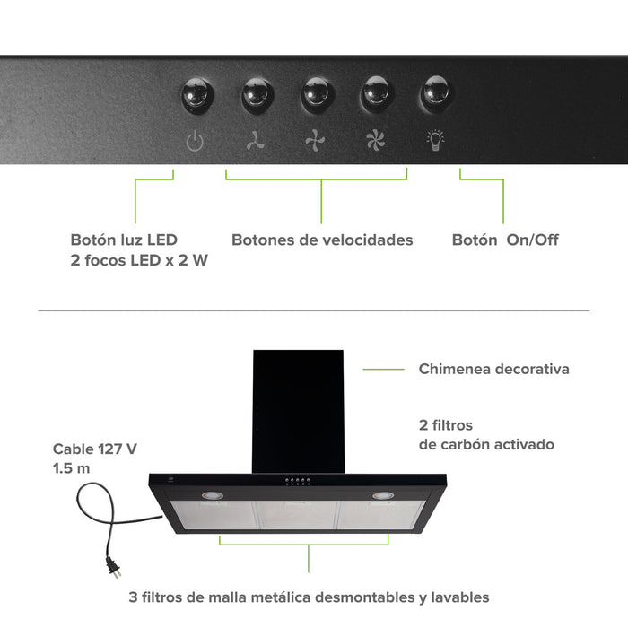 Campana de cocina de pared 90 cm en acero inoxidable con iluminación de 2 focos LED - negro