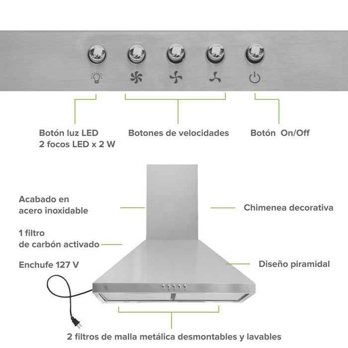 Campana de cocina de pared piramidal 60 cm en acero inoxidable