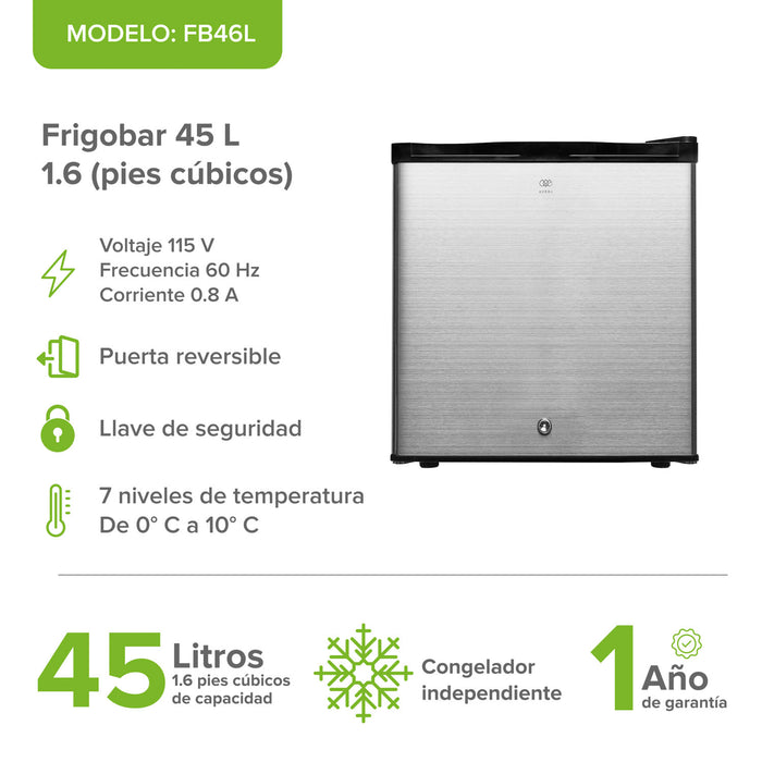 Frigobar 45 L 1.6 pies cúbicos con puerta reversible y llave - plata