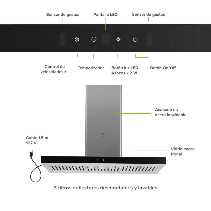 Campana de cocina para isla tipo T 90 cm, 780 m3/h de extracción control táctil y de gestos, acero inoxidable