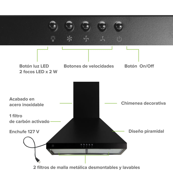 Campana de cocina de pared piramidal 60 cm en acero inoxidable - negro