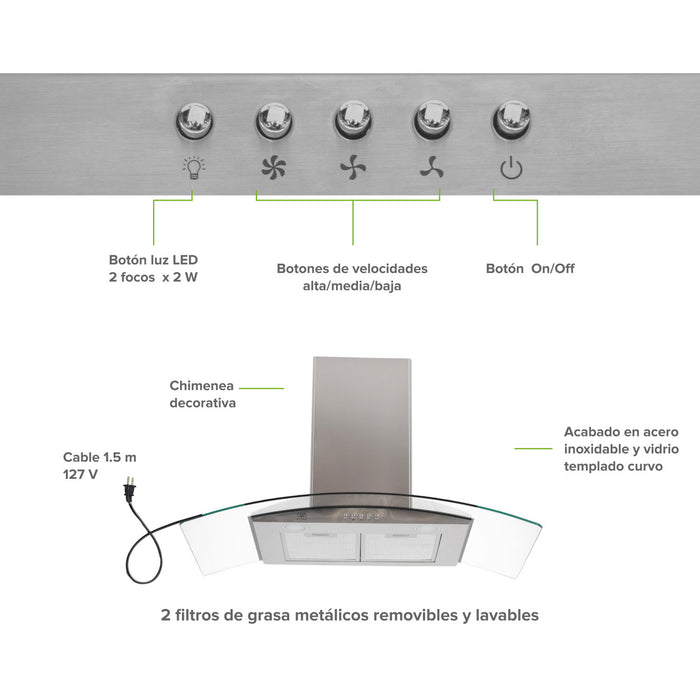 Campana de cocina de pared curva 90 cm en acero inoxidable y vidrio templado