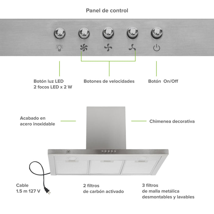 Campana de cocina de pared 76 cm en acero inoxidable