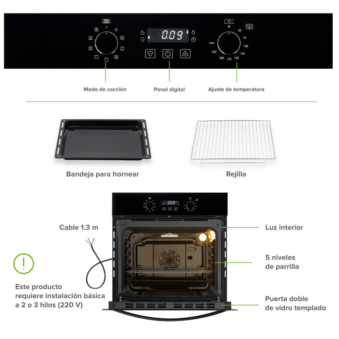 Horno empotrable eléctrico 67 L 220 V digital con 9 funciones integradas