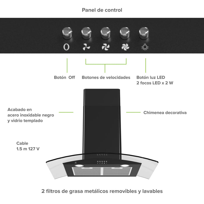 Campana de cocina de pared curva 80 cm en acero inoxidable y vidrio templado - negro