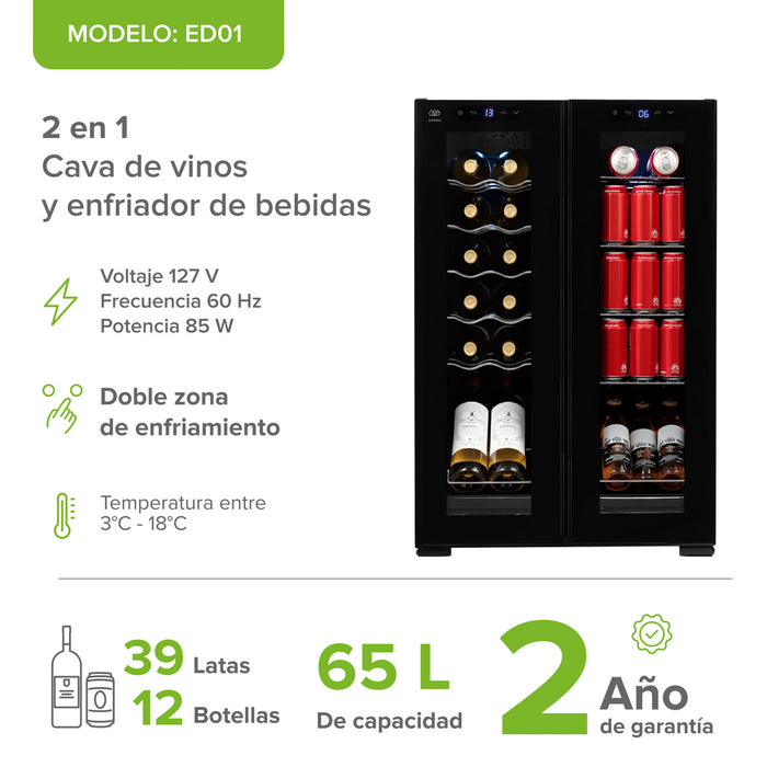 Cava de vinos y enfriador de bebidas 2 en 1 con doble zona de temperatura 65 L 2.3 pies cúbicos