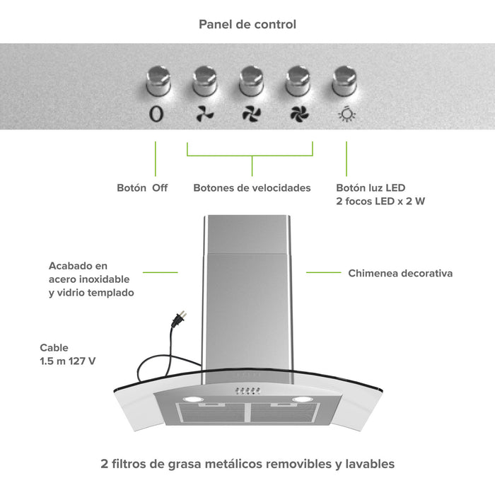 Campana de cocina de pared curva 80 cm en acero inoxidable y vidrio templado
