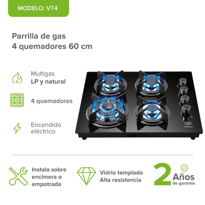 Parrilla de gas 4 quemadores 60 cm en vidrio templado con soporte circular - negro