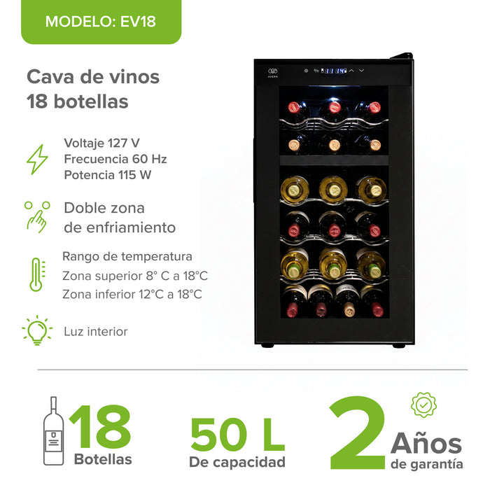 Cava de vinos Avera para 18 botellas, 50L, doble zona de enfriamiento y panel digital táctil sobre fondo blanco.