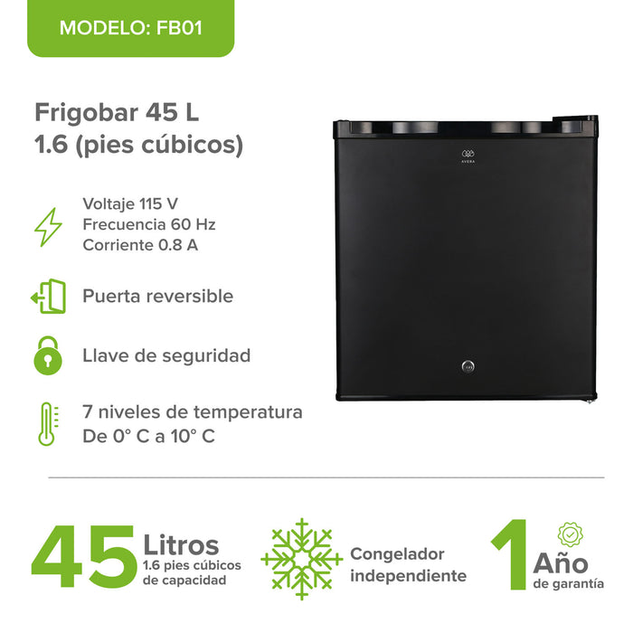 Frigobar 45 L 1.6 pies cúbicos con puerta reversible y llave - negro