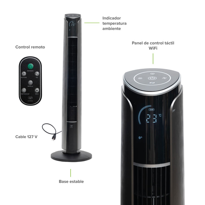 Ventilador de torre inteligente de 107 cm con WiFi, panel táctil digital, control remoto y medidor de temperatura.