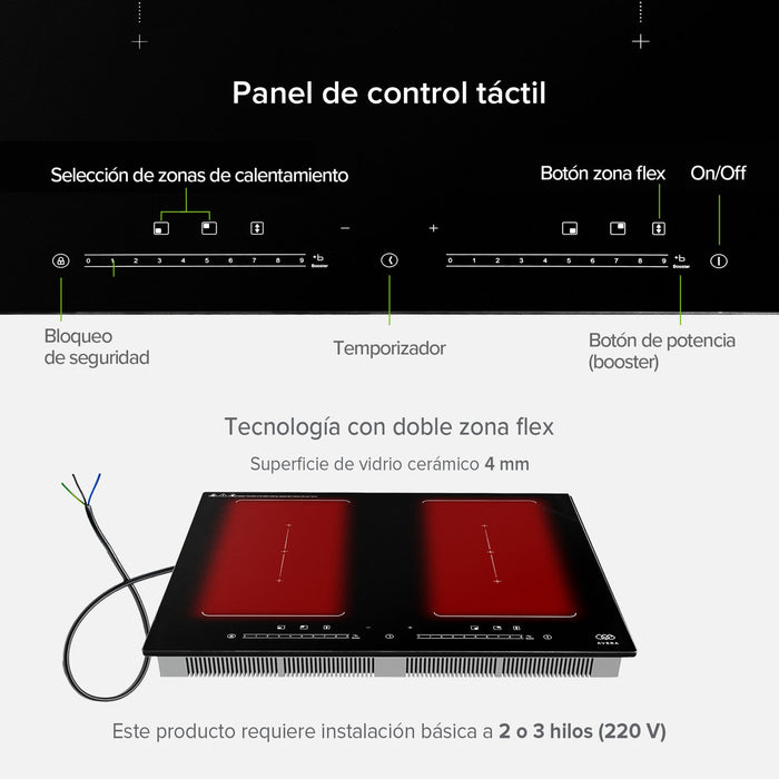 Parrilla de inducción 4 quemadores 2 zonas flex 59 cm con función booster 7000 - 8000 W 220V