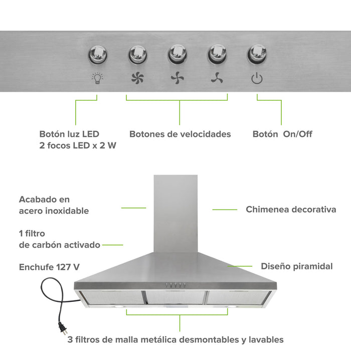 Campana de cocina de pared piramidal 90 cm en acero inoxidable