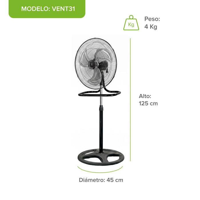 Ventilador de pedestal 3 en 1 color negro con medidas: 125 cm de alto, 45 cm de diámetro y peso de 4 kg.