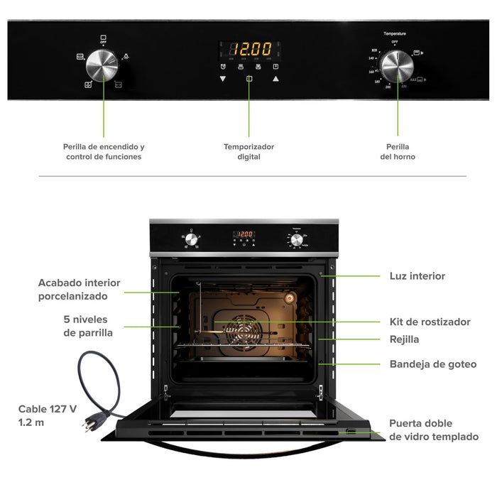 Horno a gas natural de 58 L con panel digital, convección y acabados en acero inoxidable para cocina empotrable.