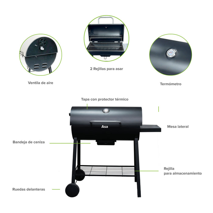 Asador de carbón tipo tambor 101 cm con termómetro, bandeja de cenizas y mesa lateral