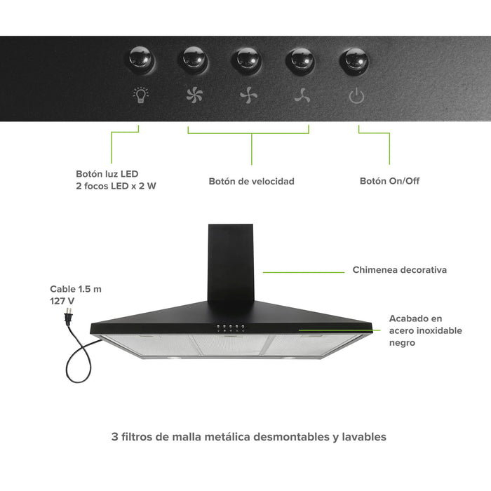 Campana de cocina de pared piramidal 76 cm en acero inoxidable, potencia motor 140 W - negro