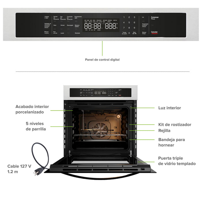 Horno empotrable con panel digital táctil, interior con 5 niveles de parrilla, rostizador y freidora de aire.