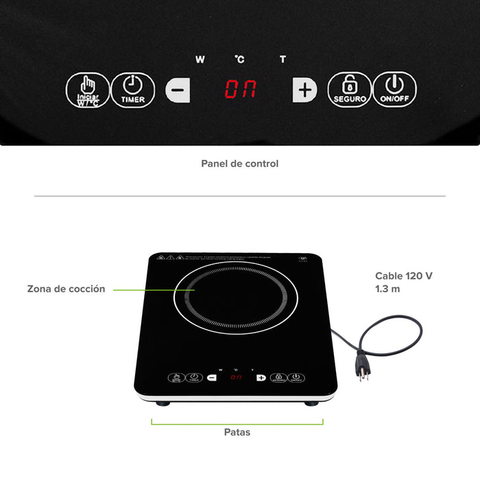 Parrilla de inducción 1 quemador 29 cm soporta 11 kg 1500 W 120 V