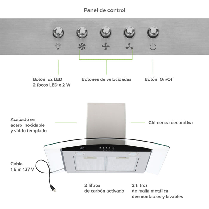 Campana de cocina de pared 76 cm en acero inoxidable y vidrio templado