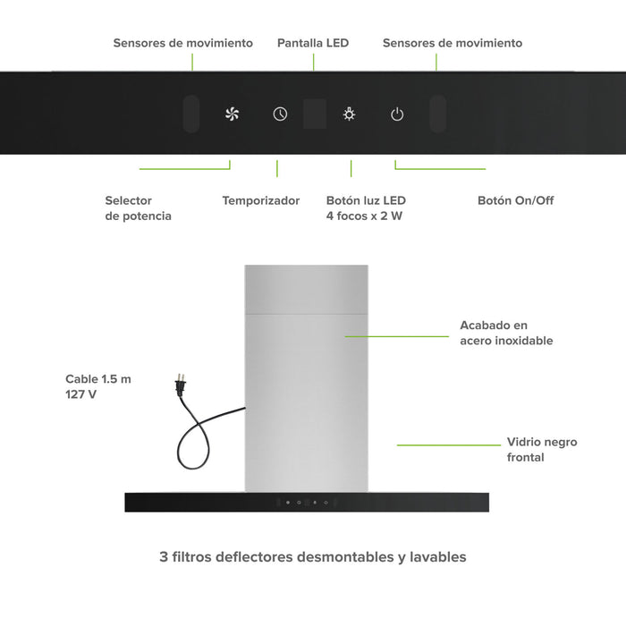 Campana de cocina para isla tipo T 76 cm control táctil y de gestos, potencia motor 230 W acero inoxidable